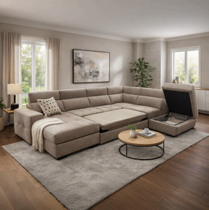 Divano letto angolare con chaise longue, box contenitore e pouf modulare - Primo Extra Big