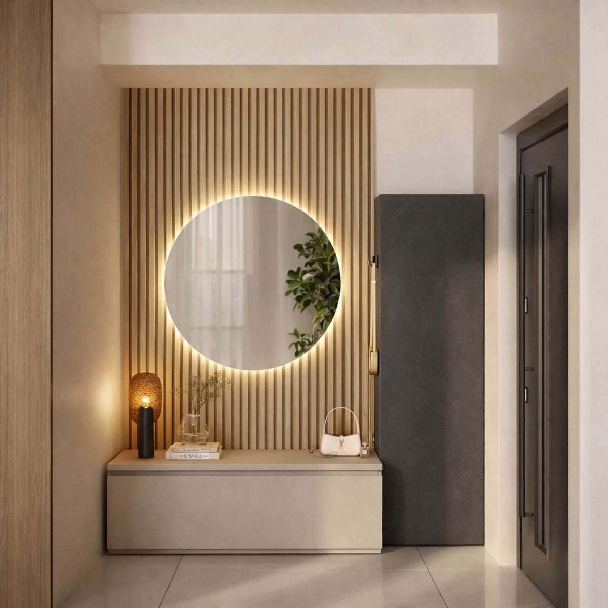 Mobile ingresso cashmere, lava e cadiz con specchio a LED, base con cassettone e colonna - Infinity 10.0