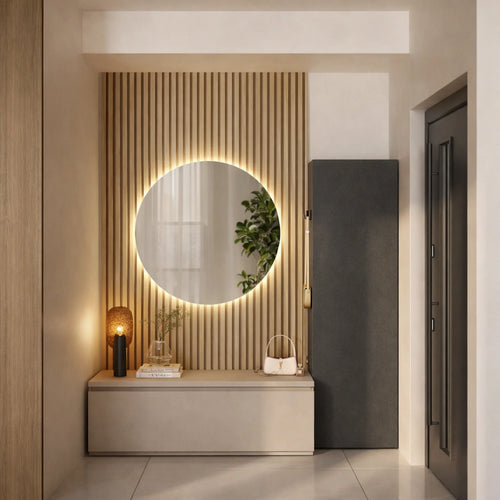 Mobile ingresso cashmere, lava e cadiz con specchio a LED, base con cassettone e colonna - Infinity 10.0