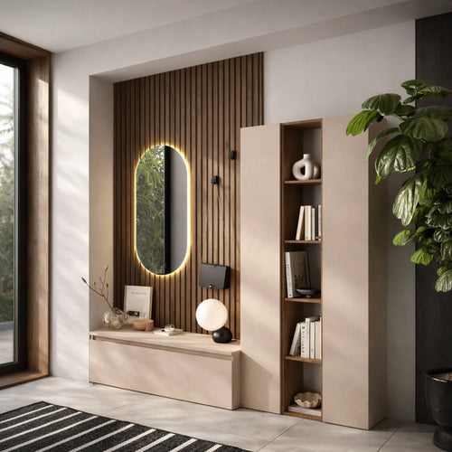 Mobile ingresso cashmere e rovere mercure con specchio a LED, libreria a giorno, colonne e base - Infinity 11.0