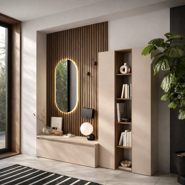 Mobile ingresso cashmere e rovere mercure con specchio a LED, libreria a giorno, colonne e base - Infinity 11.0
