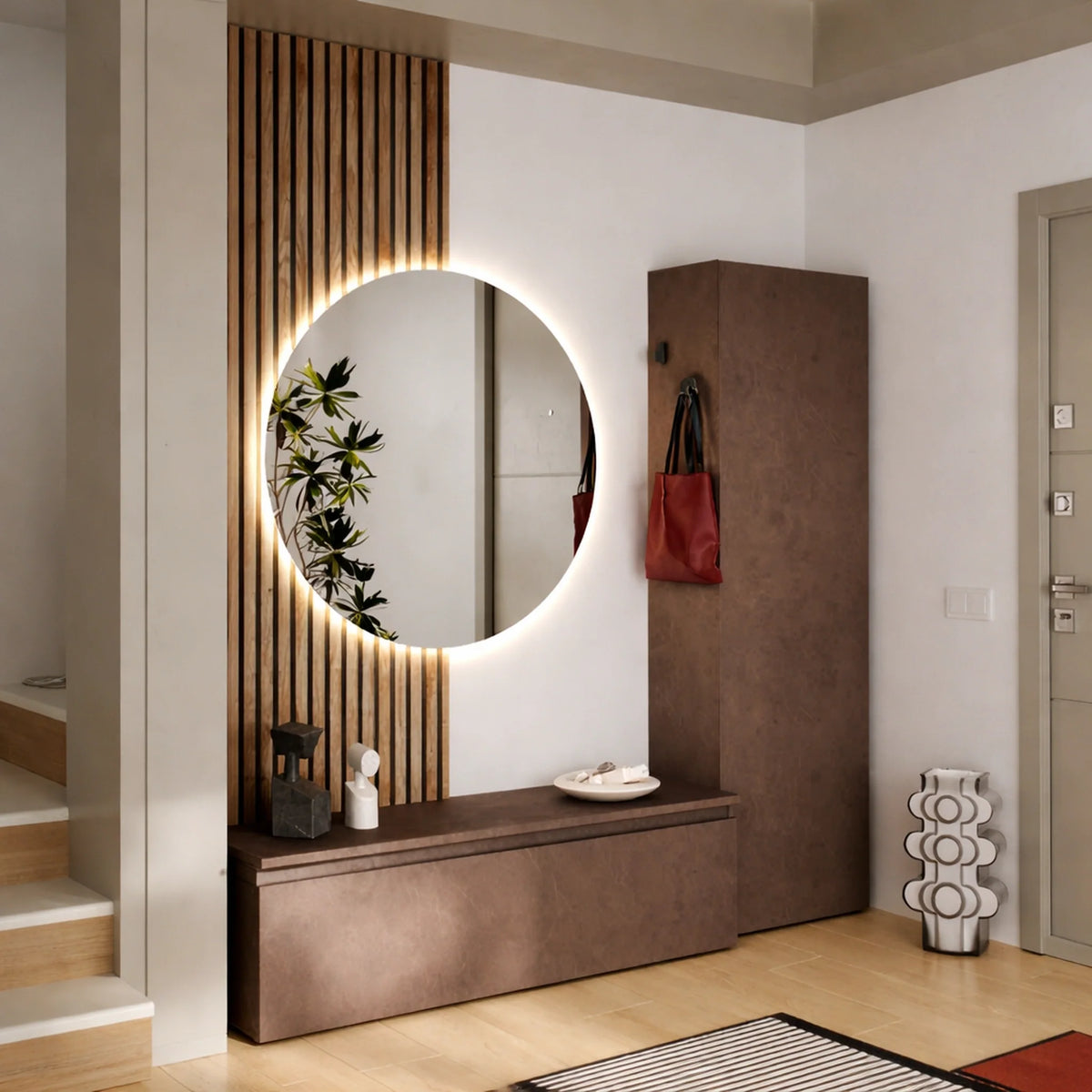 Mobile ingresso bronzo e cadiz con specchio a LED, base con cassettone e colonna - Infinity 12.0