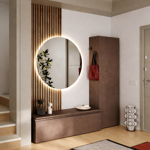 Mobile ingresso bronzo e cadiz con specchio a LED, base con cassettone e colonna - Infinity 12.0