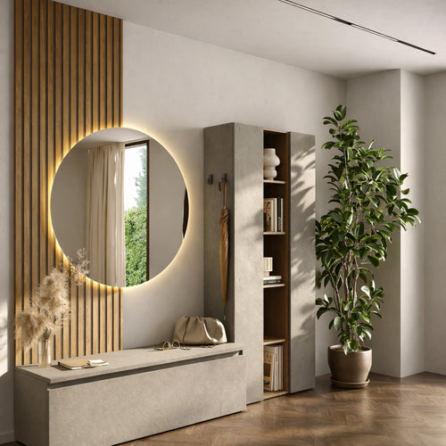 Mobile ingresso argilla e rovere mercure con specchio a LED, libreria a giorno, colonne e base - Infinity 13.0