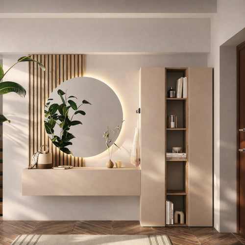 Mobile ingresso cashmere e cadiz con specchio LED, pannello cannettato e libreria - Infinity 14.0
