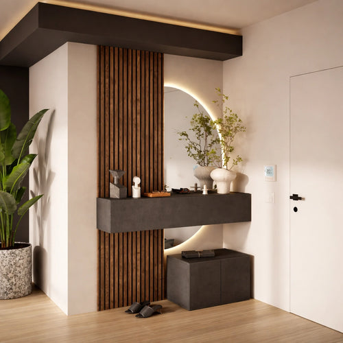 Mobile ingresso lava e rovere mercure con panchetta, specchio a LED e modulo a ribalta - Infinity 17.0