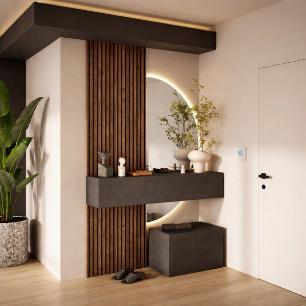 Mobile ingresso lava e rovere mercure con panchetta, specchio a LED e modulo a ribalta - Infinity 17.0