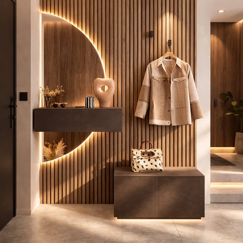 Mobile ingresso bronzo e cadiz con panchetta a 2 ante, modulo a ribalta e specchio LED - Infinity 2.0