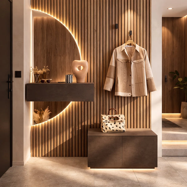 Mobile ingresso bronzo e cadiz con panchetta a 2 ante, modulo a ribalta e specchio LED - Infinity 2.0