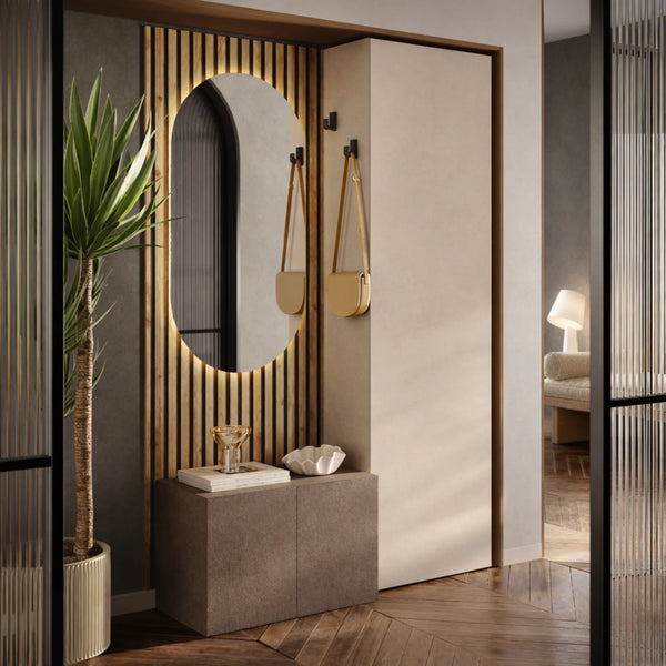 Mobile ingresso bronzo, cashmere e rovere cadiz con panca a 2 ante, colonna e specchio a LED - Infinity 21.0