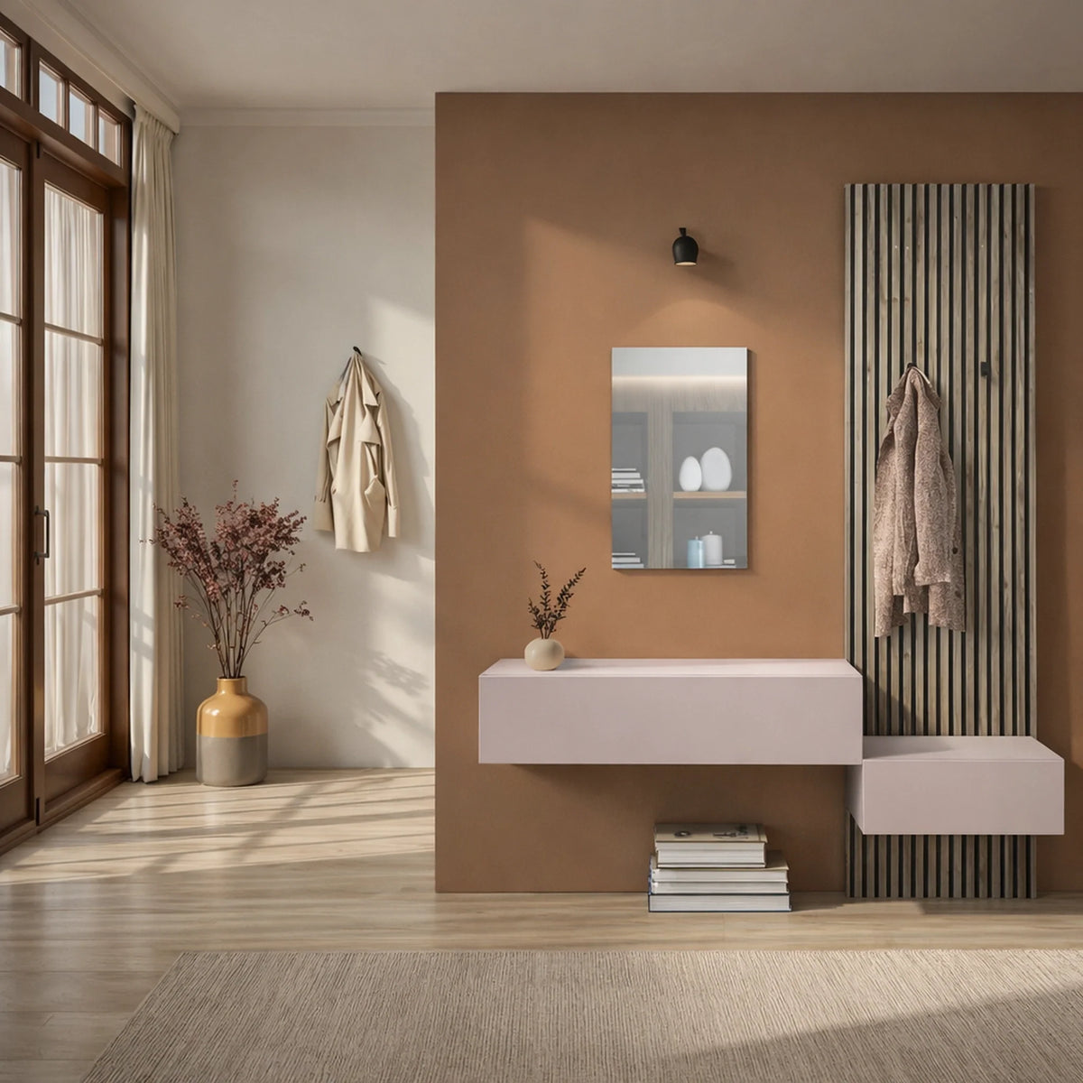 Mobile ingresso cashmere e cadiz con specchio a LED e moduli a ribalta - Infinity 22.0