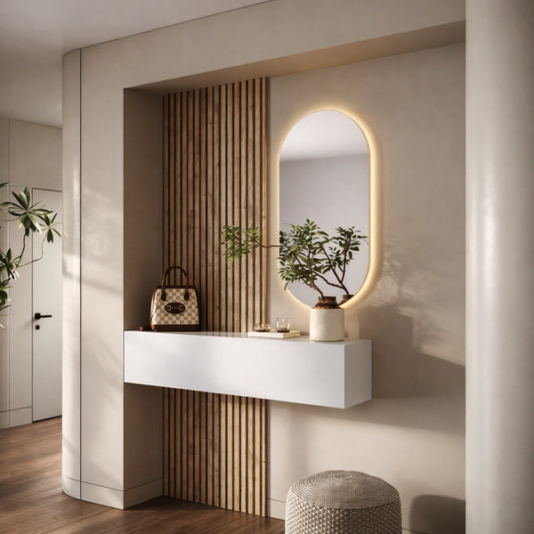 Mobile ingresso bianco laccato e cadiz con specchio LED e modulo a ribalta - Infinity 6.0