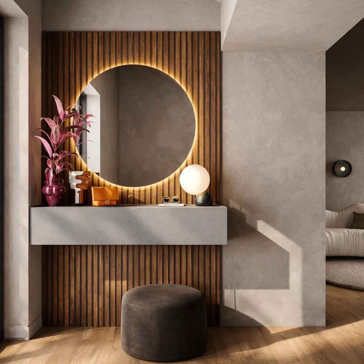 Mobile ingresso ardesia e rovere mercure con specchio LED e modulo orizzontale - Infinity 7.0