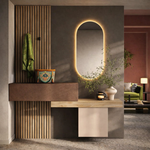 Mobile ingresso cadiz, rovere mercure e cashmere con mensolone, cubo, specchio a LED e ribalta - Infinity 8.0