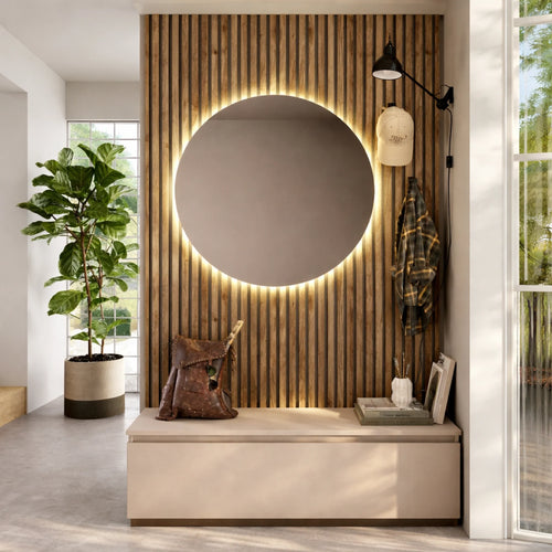 Mobile ingresso cashmere e cadiz con specchio LED e base con cassettone - Infinity 9.0