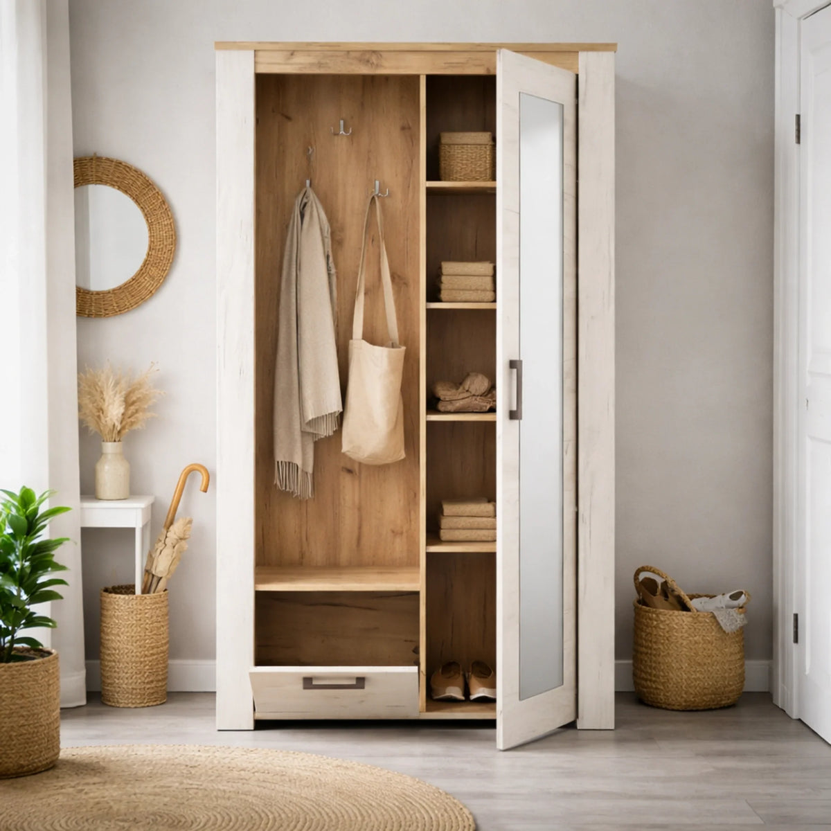 Mobile ingresso bianco e rovere grigio con specchio, appendiabiti e vano scarpe - KENT