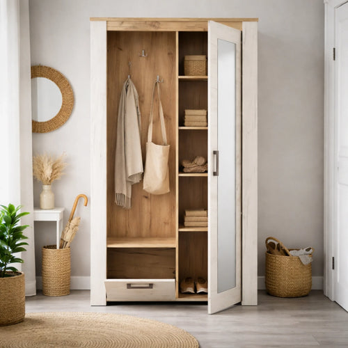 Mobile ingresso bianco e rovere grigio con specchio, appendiabiti e vano scarpe - KENT