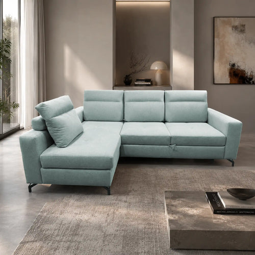 Divano con chaise longue contenitore e sedute traslanti in tessuto personalizzabile - Itaca