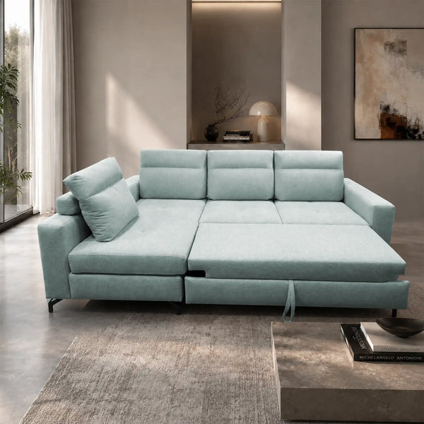 Divano con chaise longue contenitore e sedute traslanti in tessuto personalizzabile - Itaca