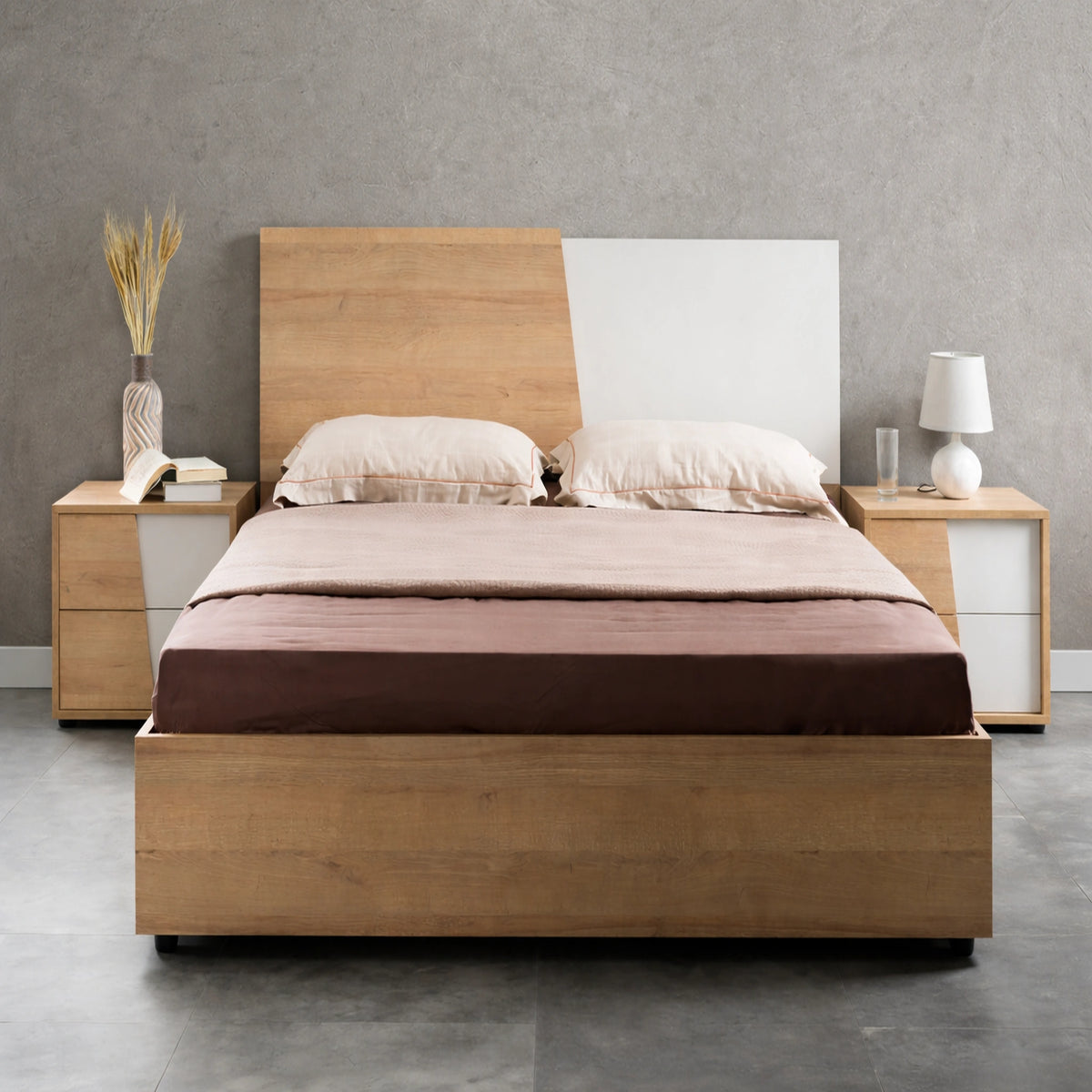 Camera da letto completa rovere chiaro e calce con armadio 6 ante, letto, comò, comodini e specchiera - MIA