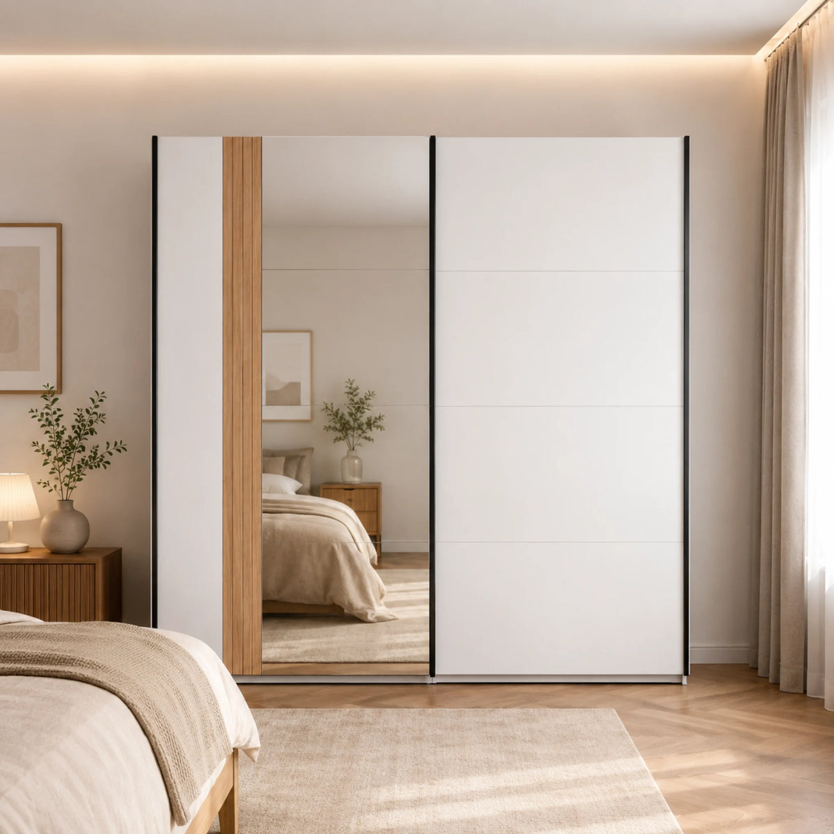 Armadio con ante scorrevoli cashmere con specchio integrato e cassettiera interna per camera da letto - Belfort