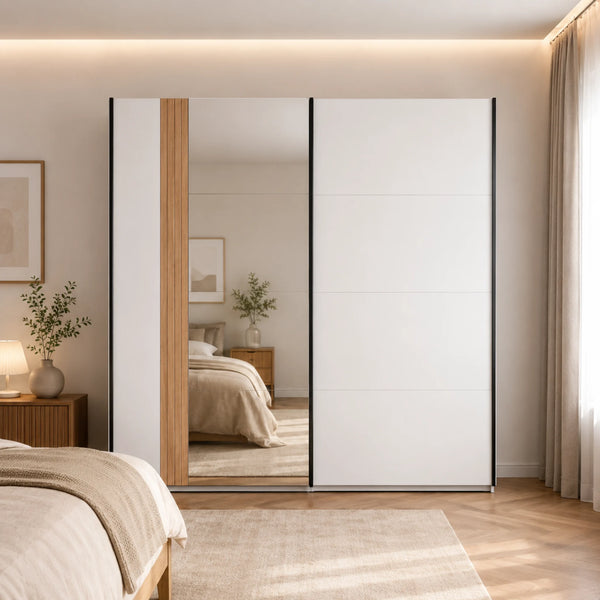 Armadio con ante scorrevoli cashmere con specchio integrato e cassettiera interna per camera da letto - Belfort