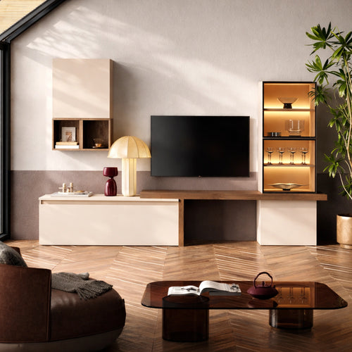 Parete soggiorno cashmere e mercure con basi porta TV, mensolone, pensili e vetrina - Infinity 10.0