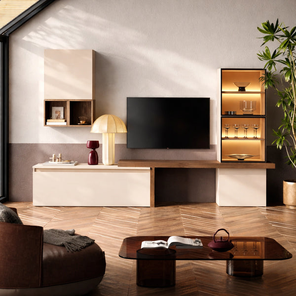 Parete soggiorno cashmere e mercure con basi porta TV, mensolone, pensili e vetrina - Infinity 10.0