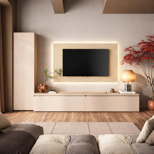 Parete soggiorno cashmere e travertino con colonna, basi porta TV e pannello TV - Infinity 11.0