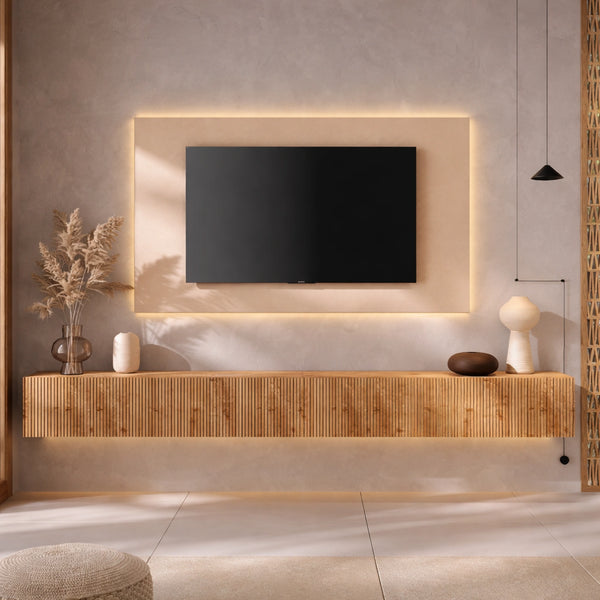 Parete soggiorno cashmere e cadiz cannettato con pannello TV e base sospesa cannettata - Infinity 12.0