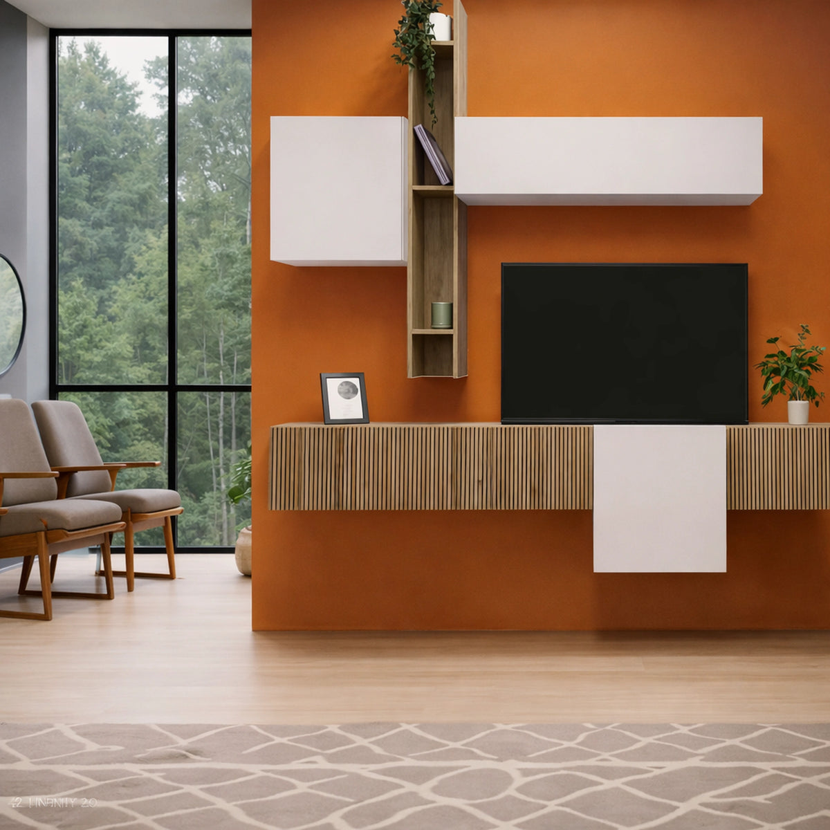 Parete soggiorno cashmere e cadiz cannettato con base sospesa, pensile, cubi e mensola verticale - Infinity 13.0