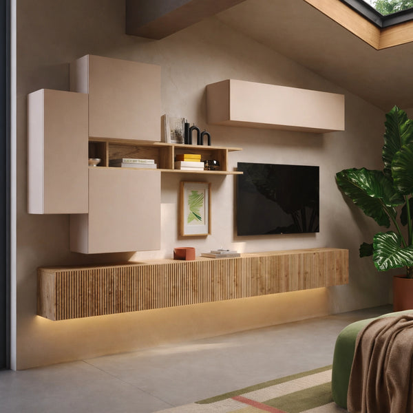Parete soggiorno cashmere e cadiz cannettato con base sospesa, pensili, cubi e mensola - Infinity 14.0