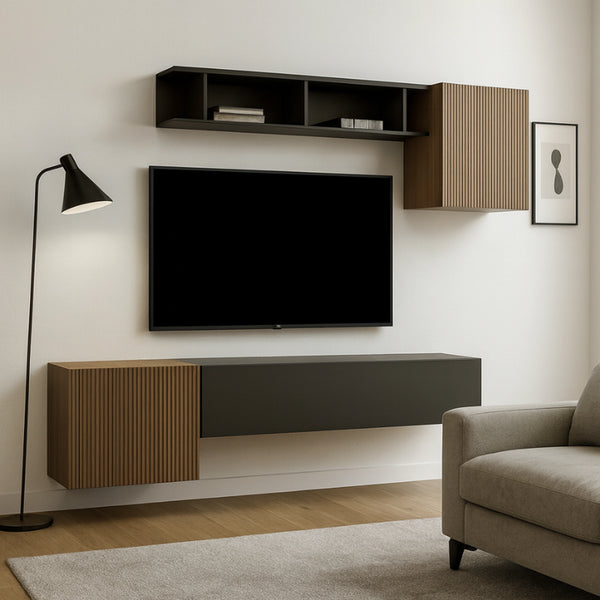 Parete attrezzata rovere mercure e lava con base sospesa, pensili e libreria a giorno - Infinity 2.0