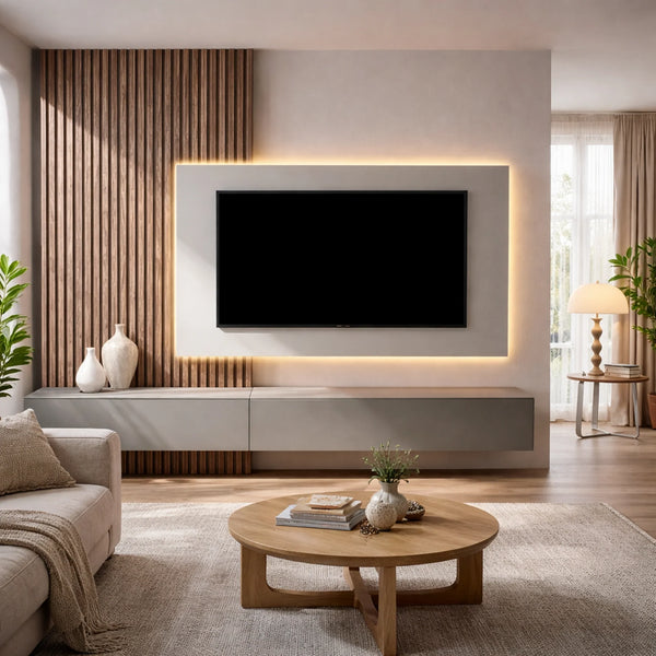 Parete soggiorno rovere mercure e gesso con pannello dogato, pensili e moduli orizzontali porta TV - Infinity 4.0