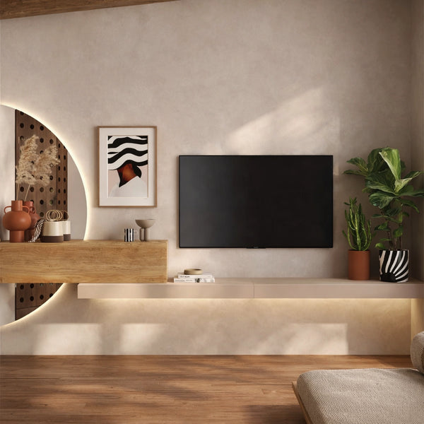 Parete soggiorno cashmere e rovere cadiz con specchio a LED, pensile e mensolone porta TV - Infinity 5.0