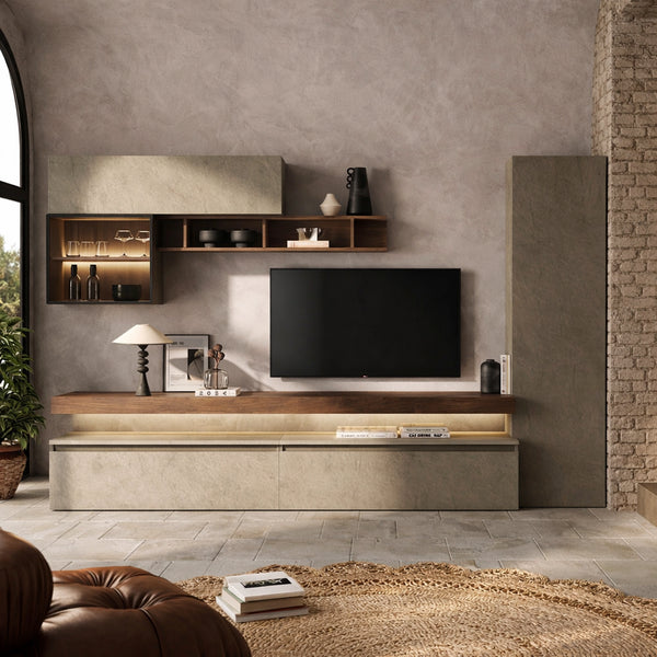 Parete attrezzata argilla, bronzo e mercure con colonna, basi TV, pensili e mensolone - Infinity 6.0