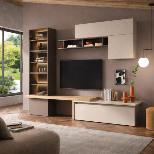 Parete soggiorno bronzo, cashmere e cadiz con colonna, basi porta TV, mensolone e pensili - Infinity 8.0
