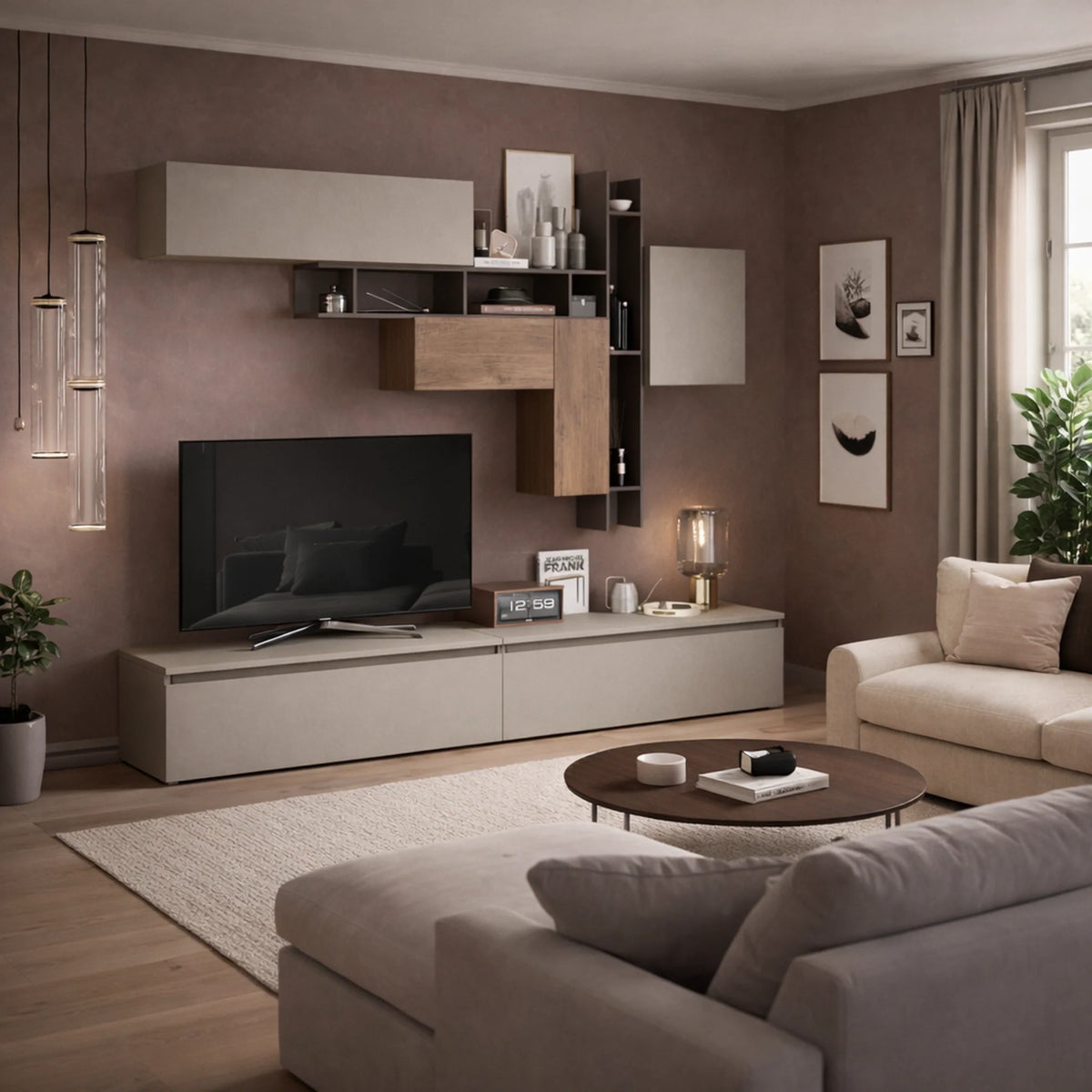 Parete soggiorno rovere mercure, bronzo e argilla con libreria a giorno, basi a ribalta e pensili - Infinity