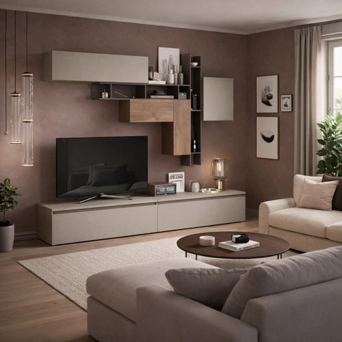 Parete soggiorno rovere mercure, bronzo e argilla con libreria a giorno, basi a ribalta e pensili - Infinity