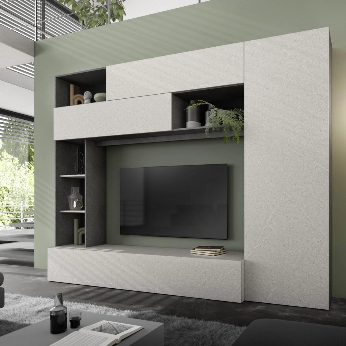 Parete soggiorno con zona TV, libreria a giorno, basi a ribalta, moduli vasistas e colonna laterale - Pratico New