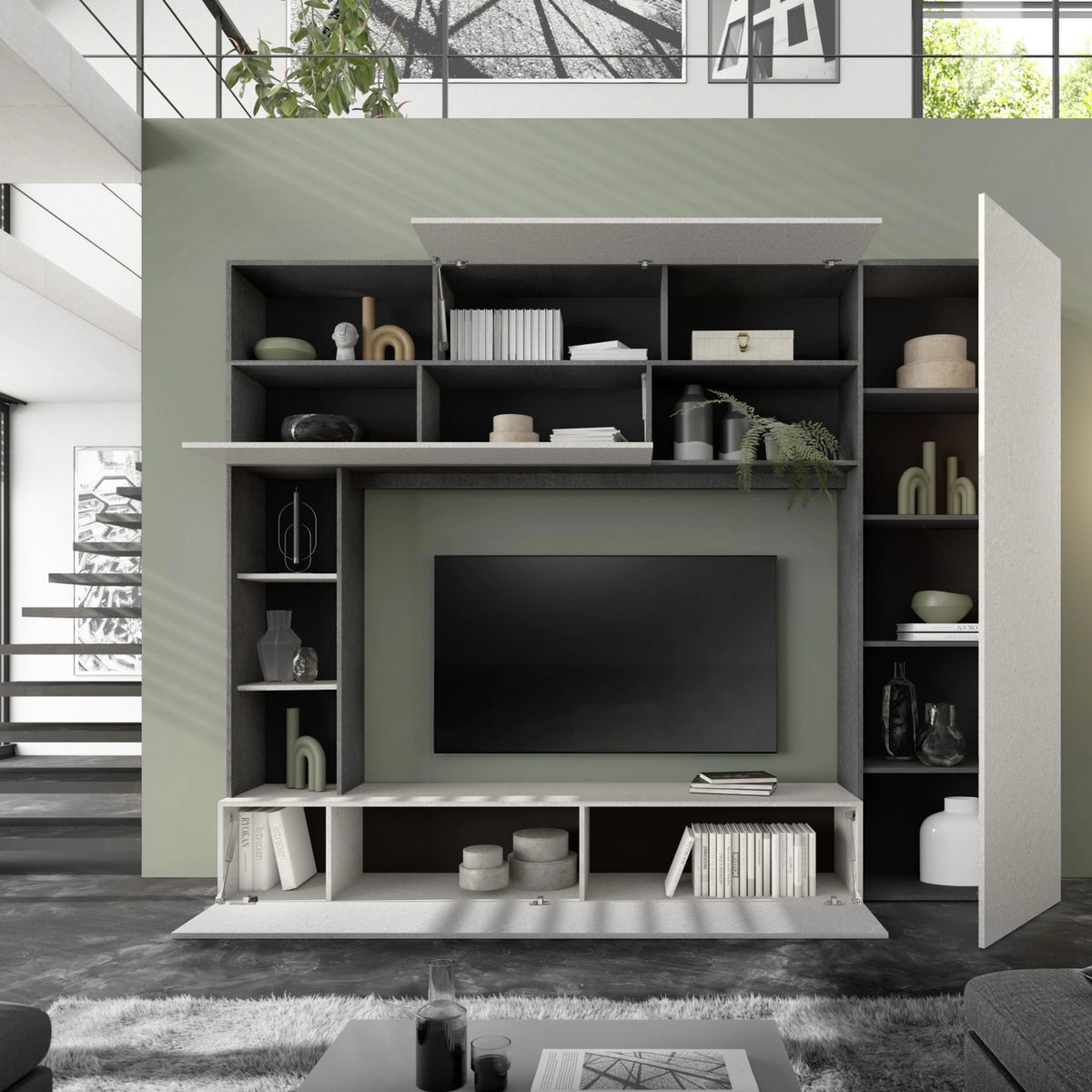 Parete soggiorno con zona TV, libreria a giorno, basi a ribalta, moduli vasistas e colonna laterale - Pratico New