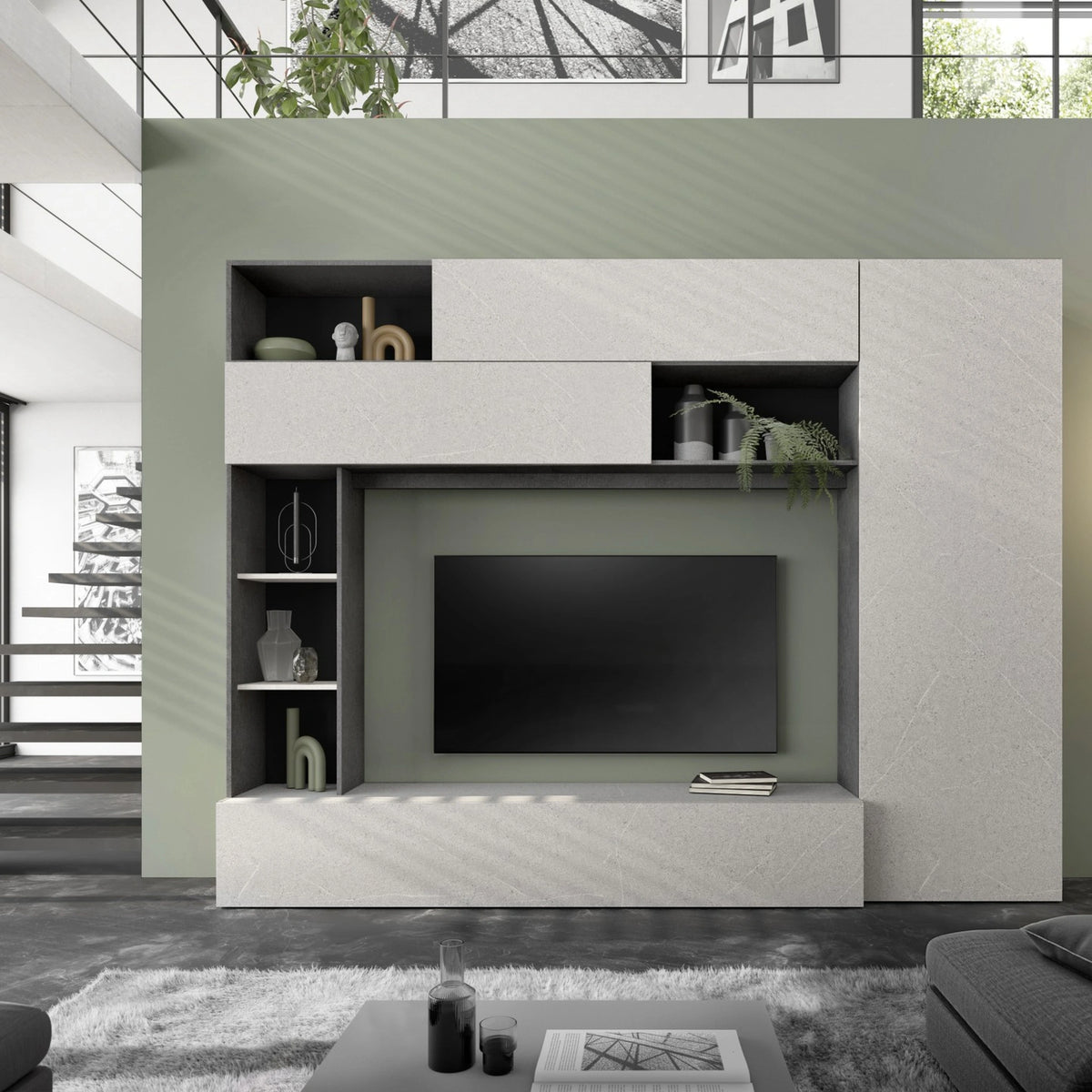 Parete soggiorno con zona TV, libreria a giorno, basi a ribalta, moduli vasistas e colonna laterale - Pratico New