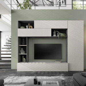 Parete soggiorno con zona TV, libreria a giorno, basi a ribalta, moduli vasistas e colonna laterale - Pratico New