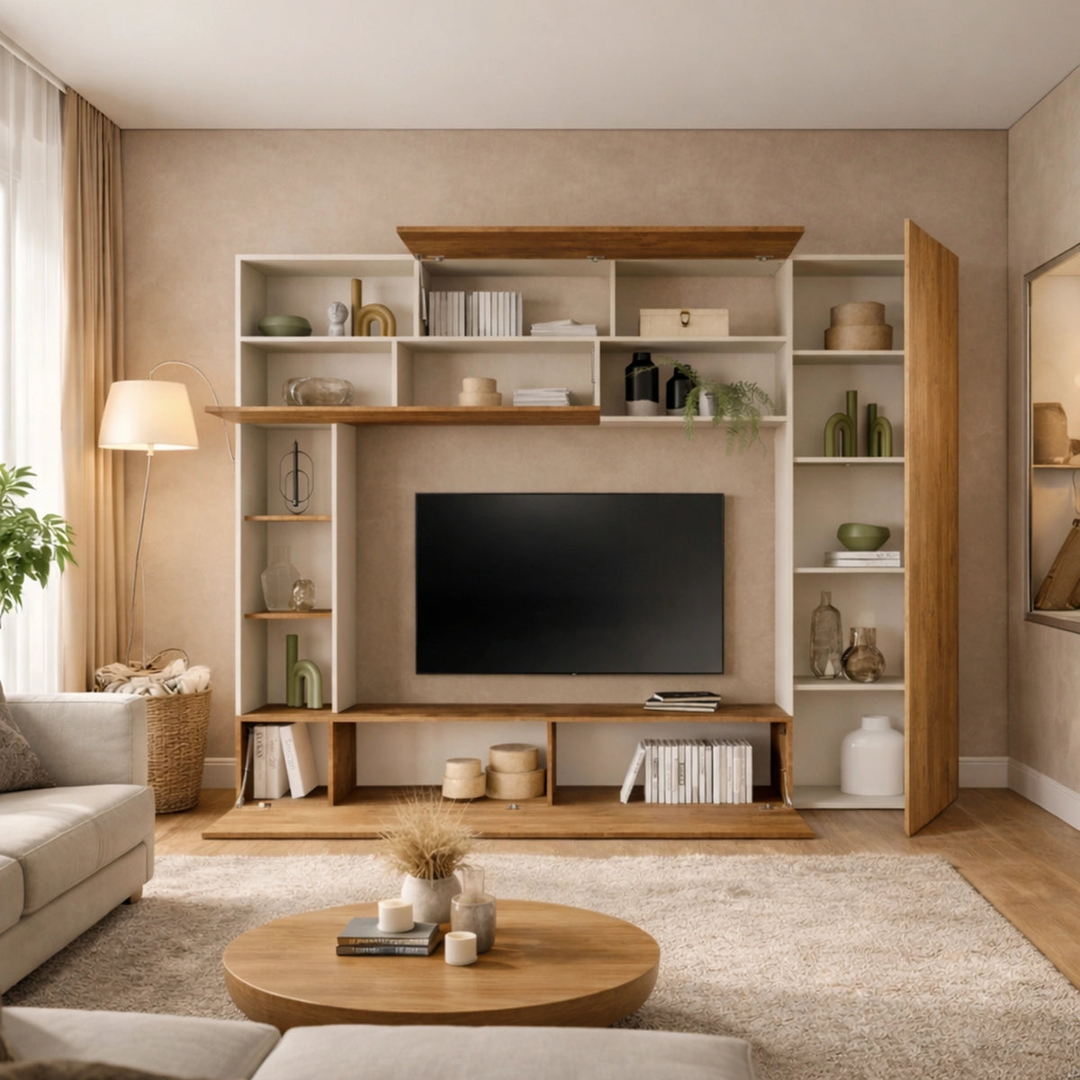 Parete soggiorno con zona TV, libreria a giorno, basi a ribalta, moduli vasistas e colonna laterale - Pratico New