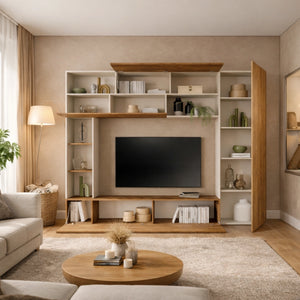 Parete soggiorno con zona TV, libreria a giorno, basi a ribalta, moduli vasistas e colonna laterale - Pratico New
