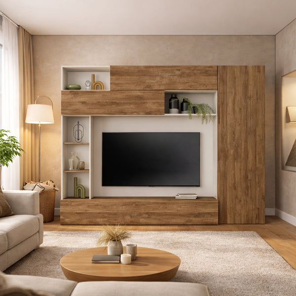 Parete soggiorno con zona TV, libreria a giorno, basi a ribalta, moduli vasistas e colonna laterale - Pratico New