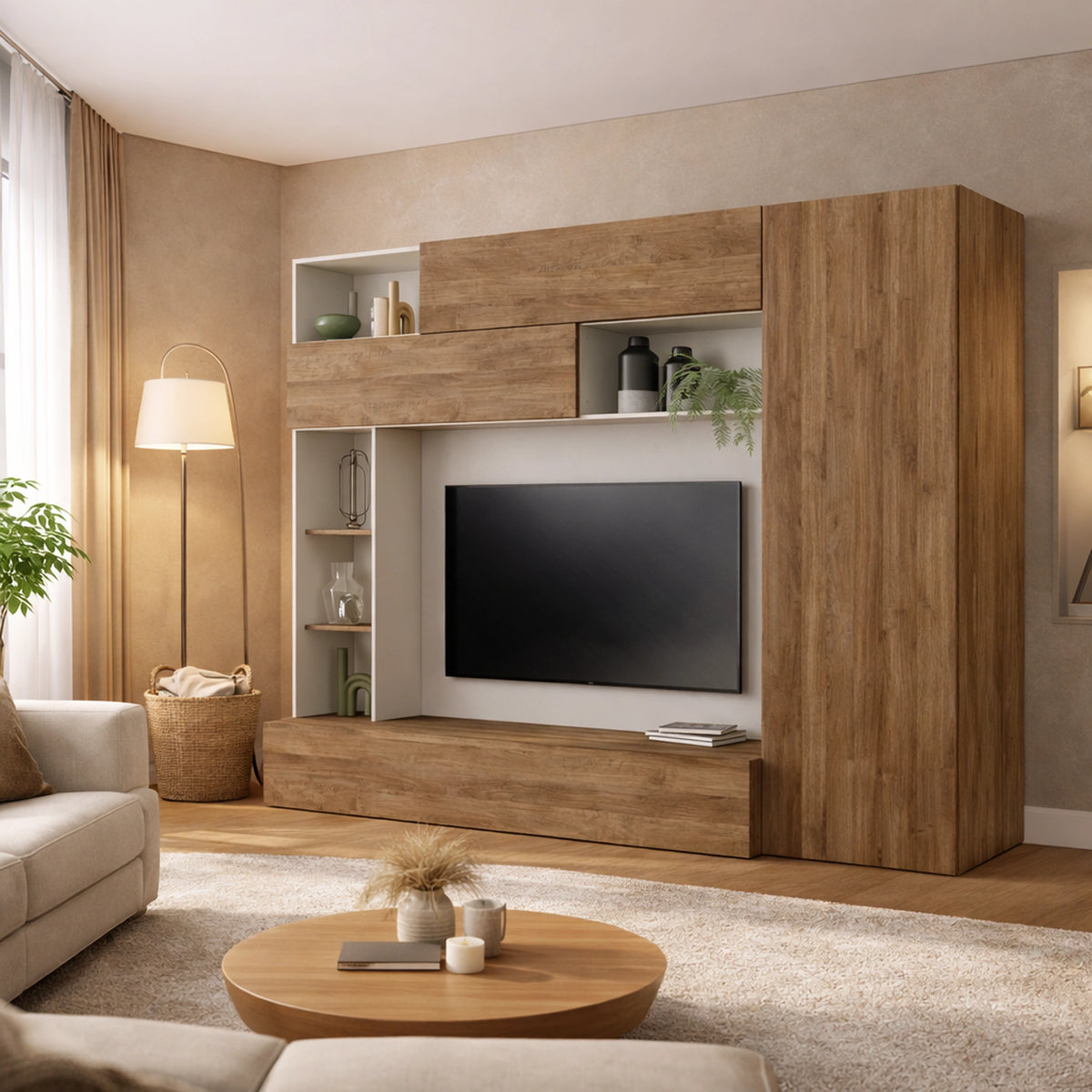Parete soggiorno con zona TV, libreria a giorno, basi a ribalta, moduli vasistas e colonna laterale - Pratico New