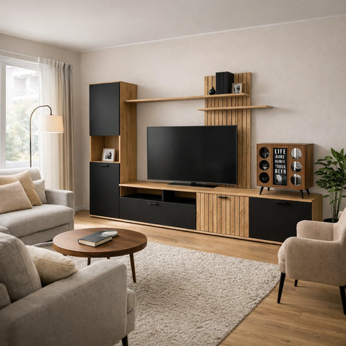 Parete soggiorno canyon oak e nero con base porta TV, colonna, mensole e vani a giorno - Silver