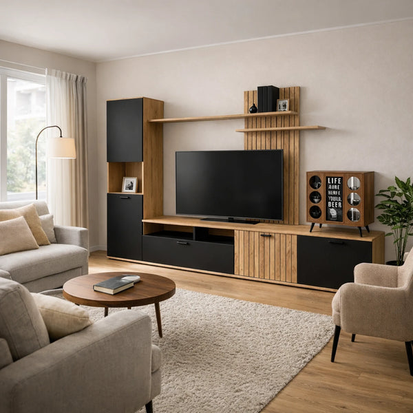 Parete soggiorno canyon oak e nero con base porta TV, colonna, mensole e vani a giorno - Silver